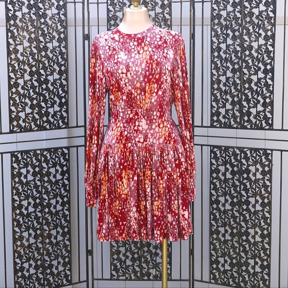 Free People Heartbeats Mini Skater Dress in Elegant Red Floral Print,Long Sleeve